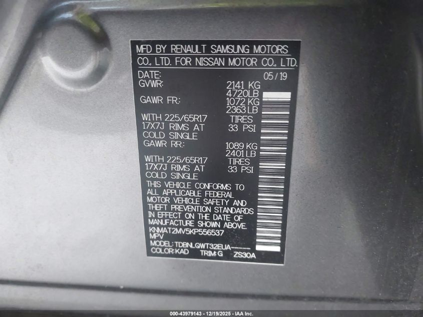 2019 Nissan Rogue Sv VIN: KNMAT2MV5KP556537 Lot: 43979143