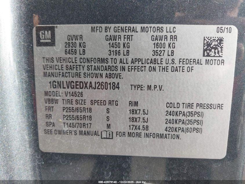 2010 Chevrolet Traverse Lt VIN: 1GNLVGEDXAJ260184 Lot: 43979148