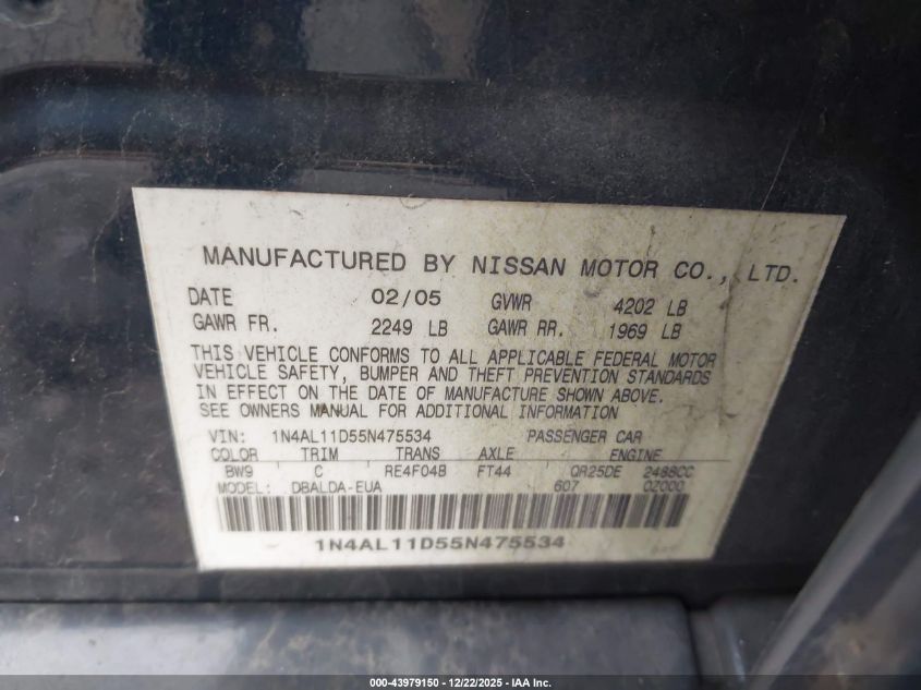 2005 Nissan Altima S/Sl VIN: 1N4AL11D55N475534 Lot: 43979150