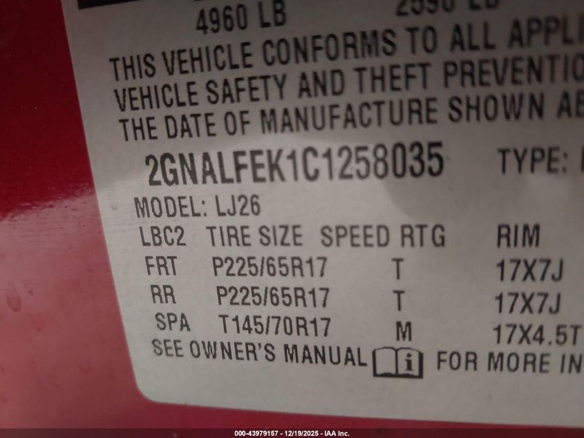 2012 Chevrolet Equinox Ltz VIN: 2GNALFEK1C1258035 Lot: 43979157