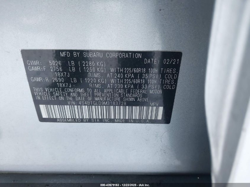 2021 Subaru Outback Onyx Edition Xt VIN: 4S4BTGLD9M3183728 Lot: 43979162