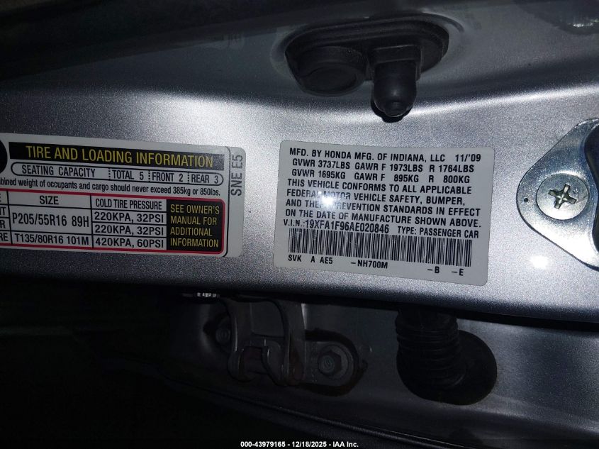 2010 Honda Civic Ex-L VIN: 19XFA1F96AE020846 Lot: 43979165