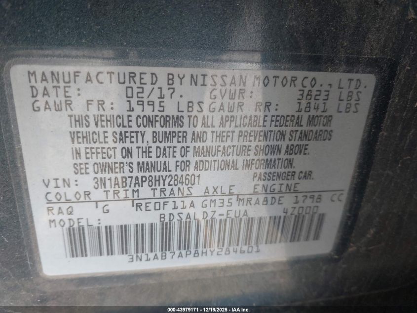 2017 Nissan Sentra Sv VIN: 3N1AB7AP8HY284601 Lot: 43979171