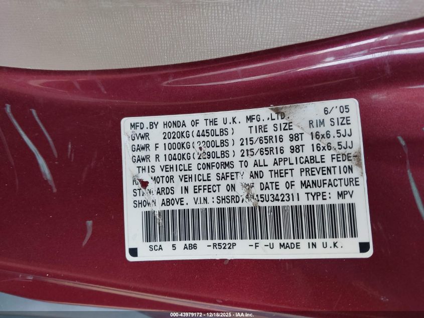 2005 Honda Cr-V Ex VIN: SHSRD78845U342311 Lot: 43979172