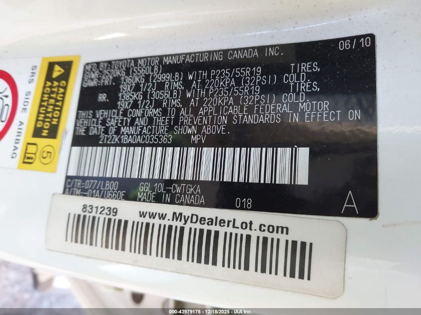 2010 Lexus Rx 350 VIN: 2T2ZK1BA0AC035363 Lot: 43979176