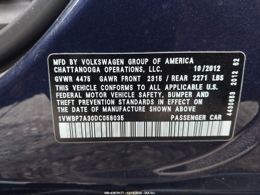 2013 Volkswagen Passat 2.5L Se VIN: 1VWBP7A30DC058035 Lot: 43979177