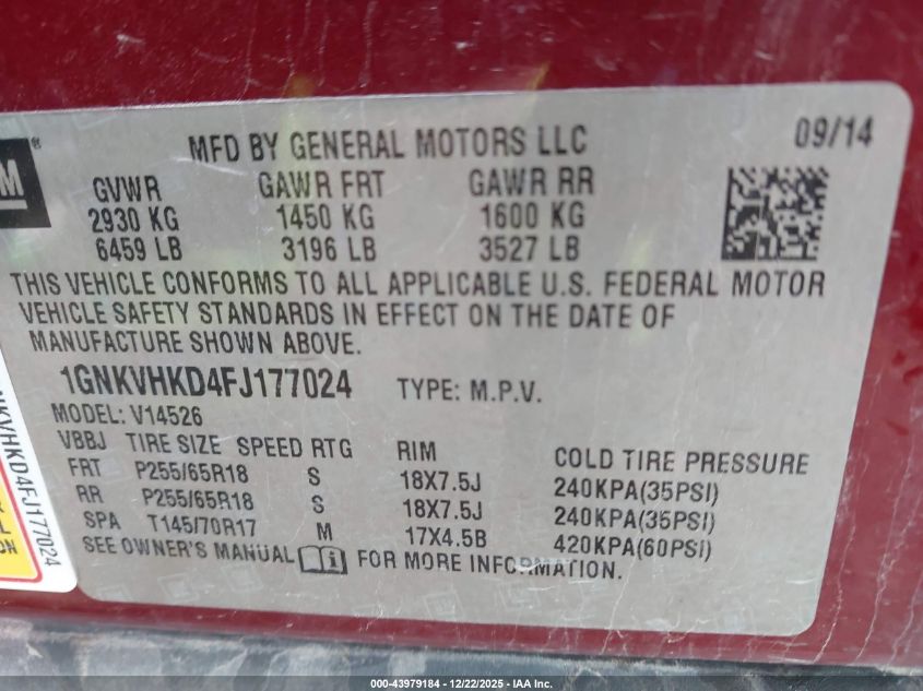 2015 Chevrolet Traverse 2Lt VIN: 1GNKVHKD4FJ177024 Lot: 43979184