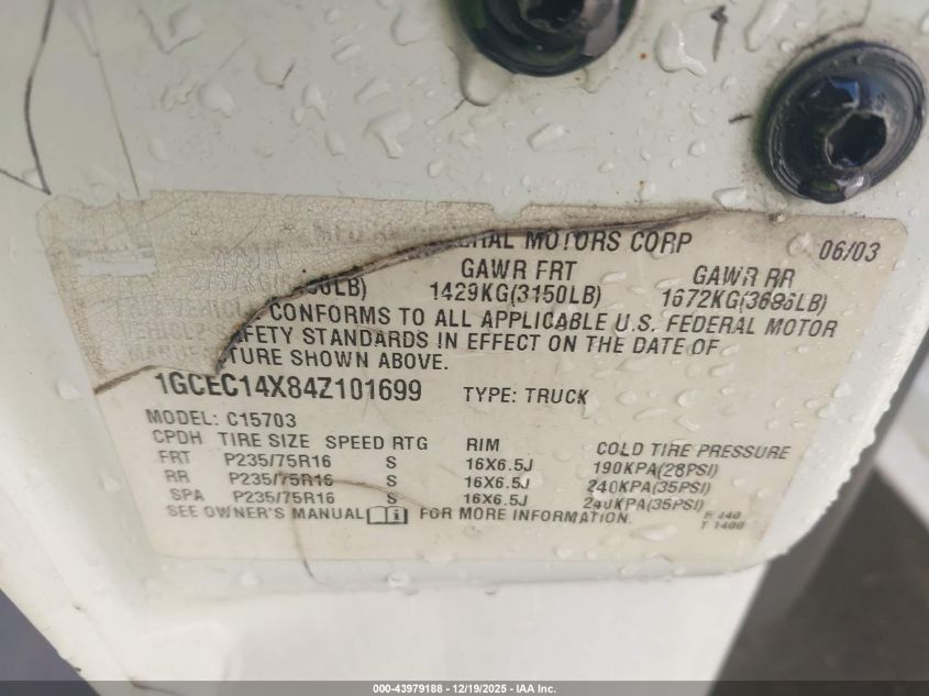 2004 Chevrolet Silverado 1500 Work Truck VIN: 1GCEC14X84Z101699 Lot: 43979188
