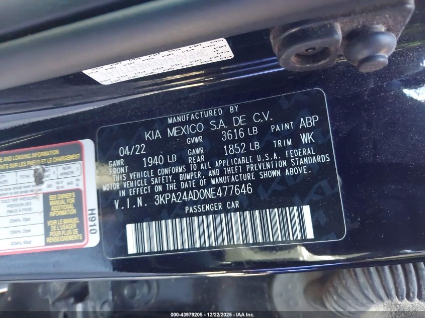 2022 Kia Rio S VIN: 3KPA24AD0NE477646 Lot: 43979205
