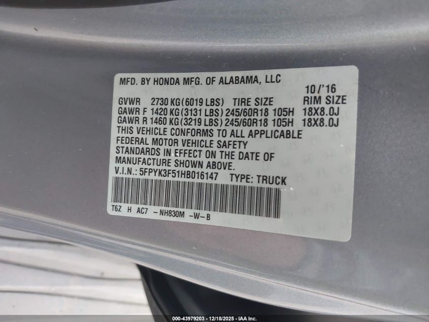2017 Honda Ridgeline Rtl VIN: 5FPYK3F51HB016147 Lot: 43979203