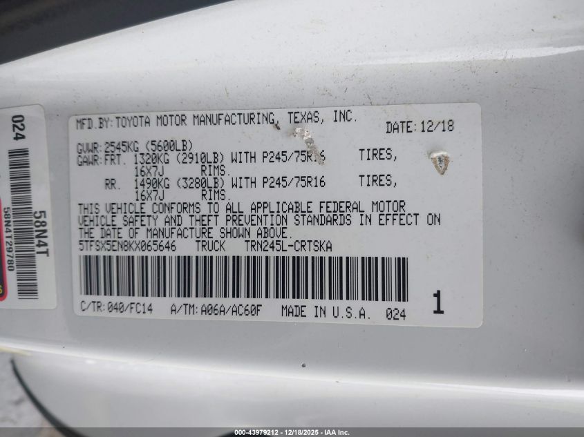 2019 Toyota Tacoma Sr5 VIN: 5TFSX5EN8KX065646 Lot: 43979212
