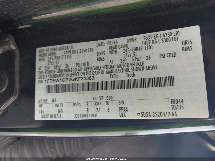 2016 Ford F-150 Xlt VIN: 1FTEW1CP2GKF31363 Lot: 43979216
