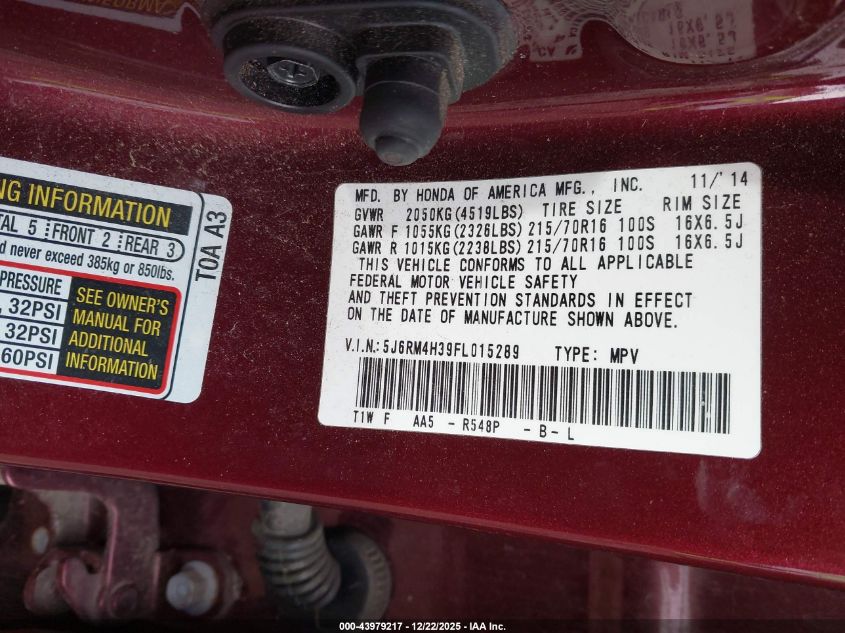 2015 Honda Cr-V Lx VIN: 5J6RM4H39FL015289 Lot: 43979217