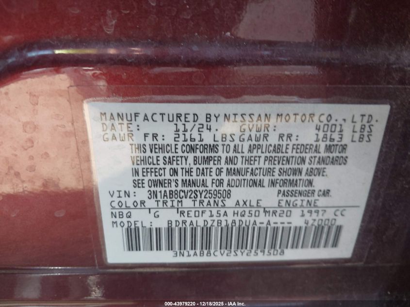 2025 Nissan Sentra Sv VIN: 3N1AB8CV2SY259508 Lot: 43979220