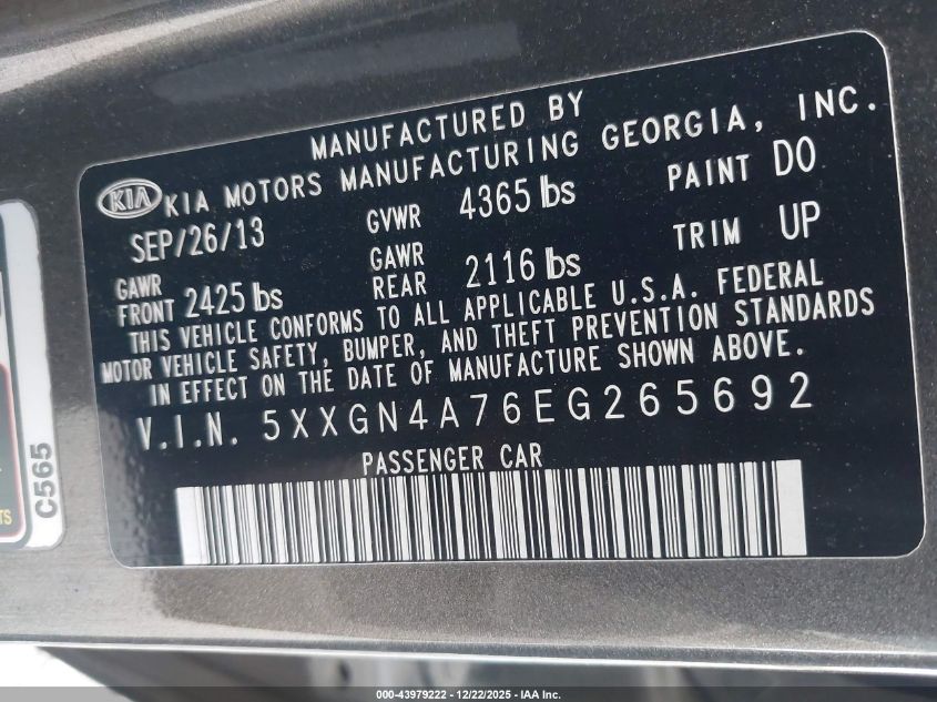 2014 Kia Optima Ex VIN: 5XXGN4A76EG265692 Lot: 43979222