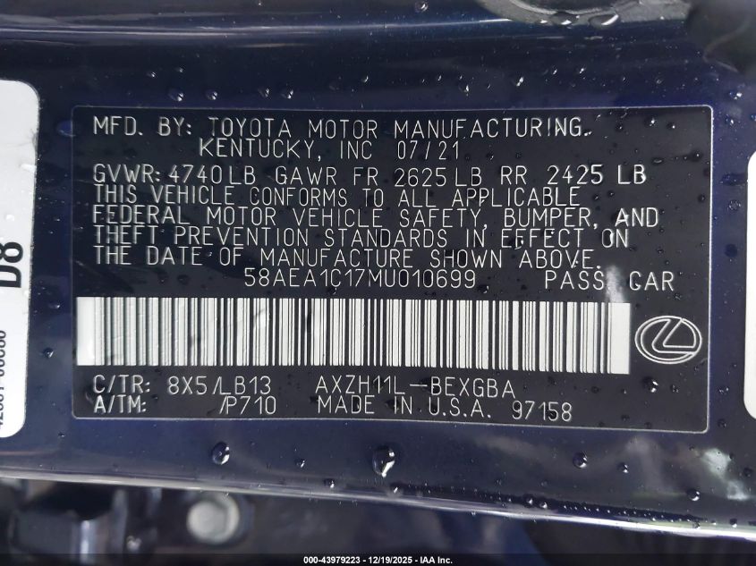 2021 Lexus Es 300H Luxury VIN: 58AEA1C17MU010699 Lot: 43979223