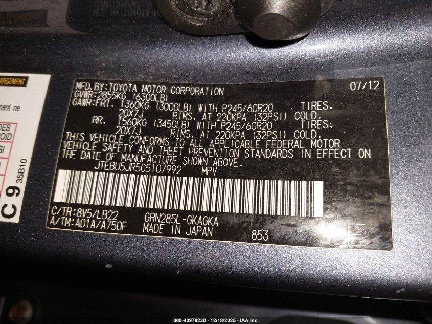 2012 Toyota 4Runner Limited VIN: JTEBU5JR5C5107992 Lot: 43979230