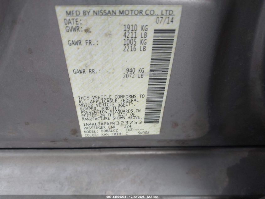 2015 Nissan Altima 2.5 S VIN: 1N4AL3AP6FN323253 Lot: 43979231