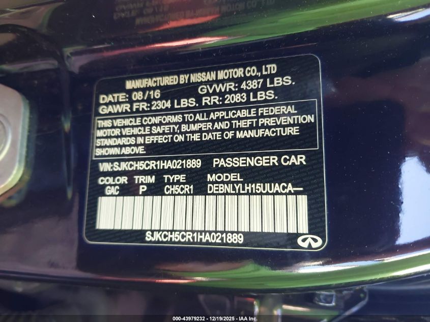 2017 Infiniti Qx30 Premium VIN: SJKCH5CR1HA021889 Lot: 43979232