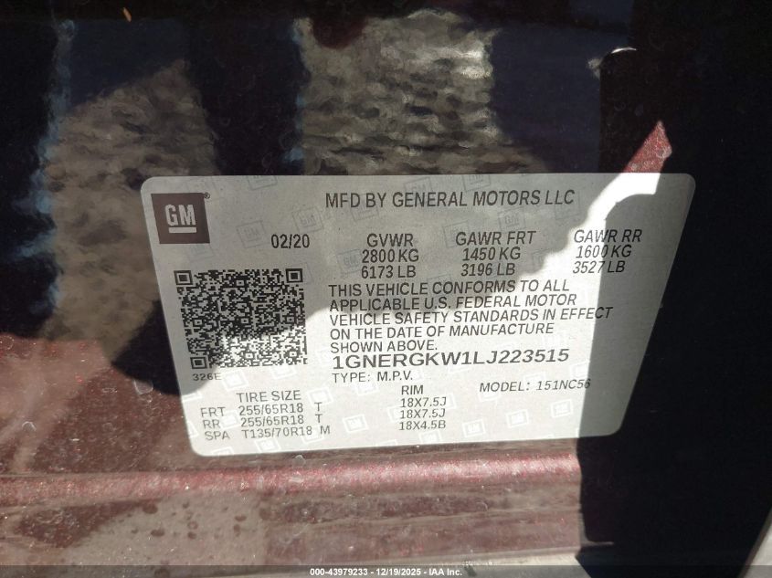 2020 Chevrolet Traverse Fwd Lt Cloth VIN: 1GNERGKW1LJ223515 Lot: 43979233