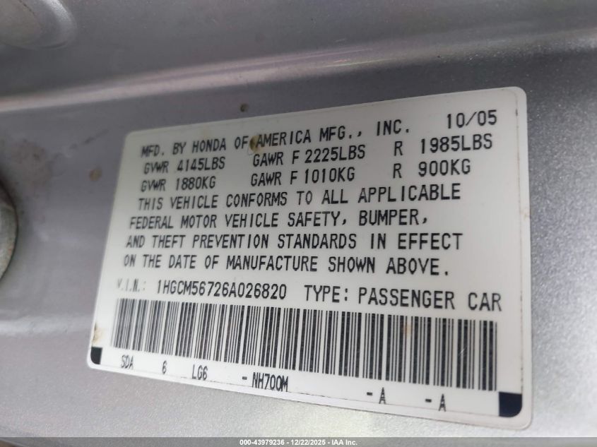 2006 Honda Accord 2.4 Ex VIN: 1HGCM56726A026820 Lot: 43979236