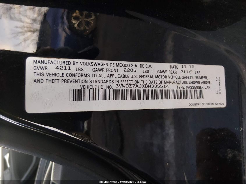 2011 Volkswagen Jetta 2.5L Se VIN: 3VWDZ7AJXBM335514 Lot: 43979237