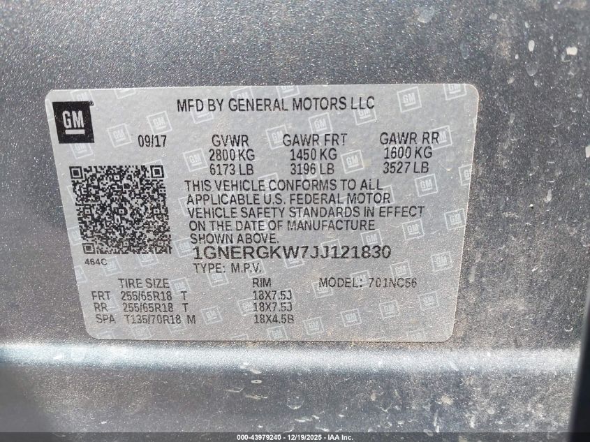 2018 Chevrolet Traverse 1Lt VIN: 1GNERGKW7JJ121830 Lot: 43979240