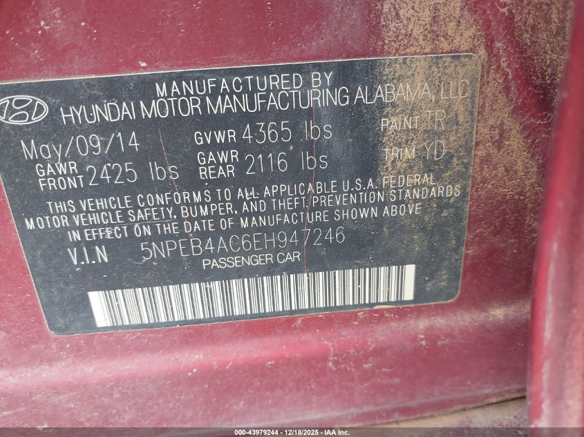 2014 Hyundai Sonata Gls VIN: 5NPEB4AC6EH947246 Lot: 43979244