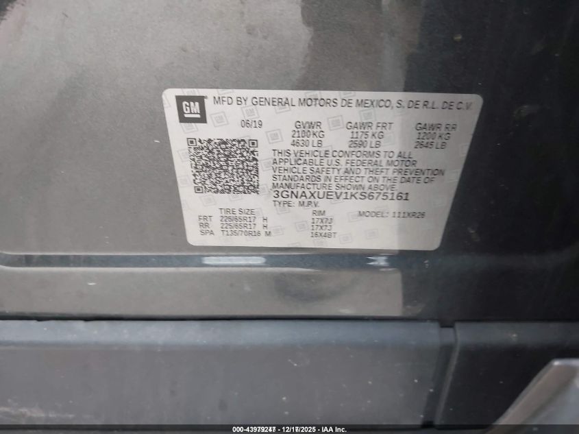 2019 Chevrolet Equinox Lt VIN: 3GNAXUEV1KS675161 Lot: 43979247