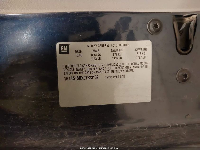 2009 Chevrolet Cobalt Ls VIN: 1G1AS18HX97223139 Lot: 43979246