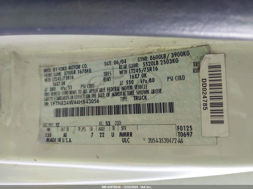 2004 Ford E-250 Commercial/Recreational VIN: 1FTNE24W44HB43056 Lot: 43979249