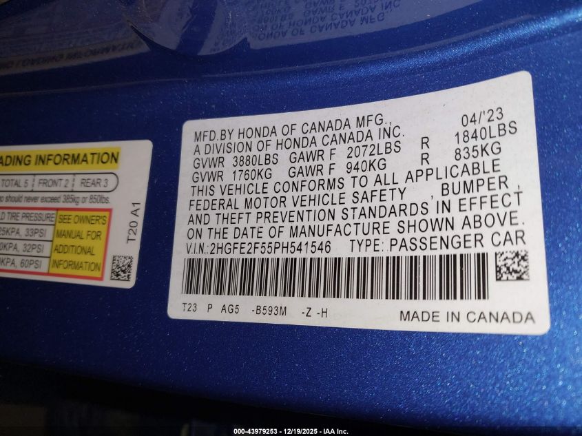 2023 Honda Civic Sport VIN: 2HGFE2F55PH541546 Lot: 43979253
