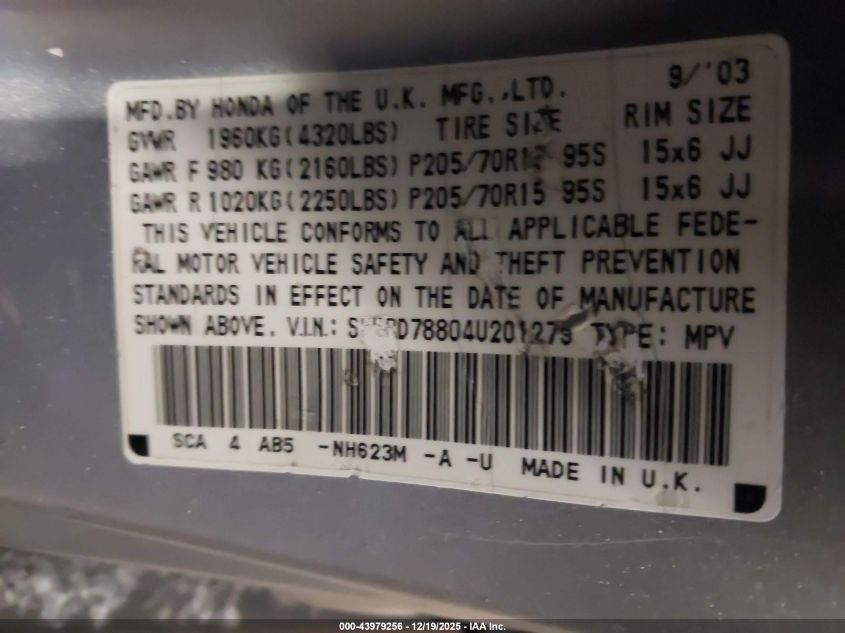2004 Honda Cr-V Ex VIN: SHSRD78804U201279 Lot: 43979256