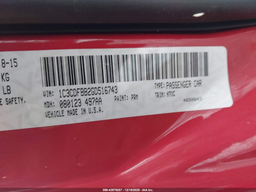 2016 Dodge Dart Sxt VIN: 1C3CDFBB2GD516743 Lot: 43979257