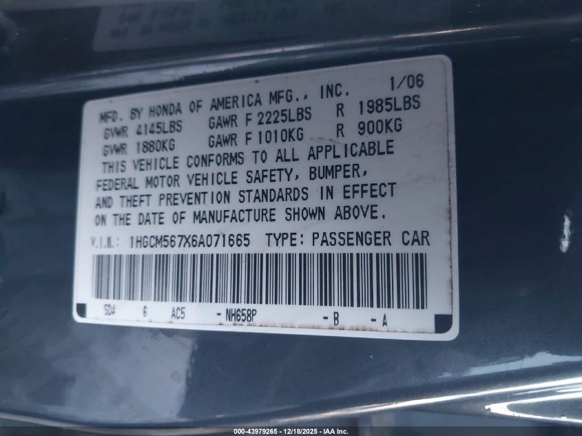2006 Honda Accord 2.4 Ex VIN: 1HGCM567X6A071665 Lot: 43979265