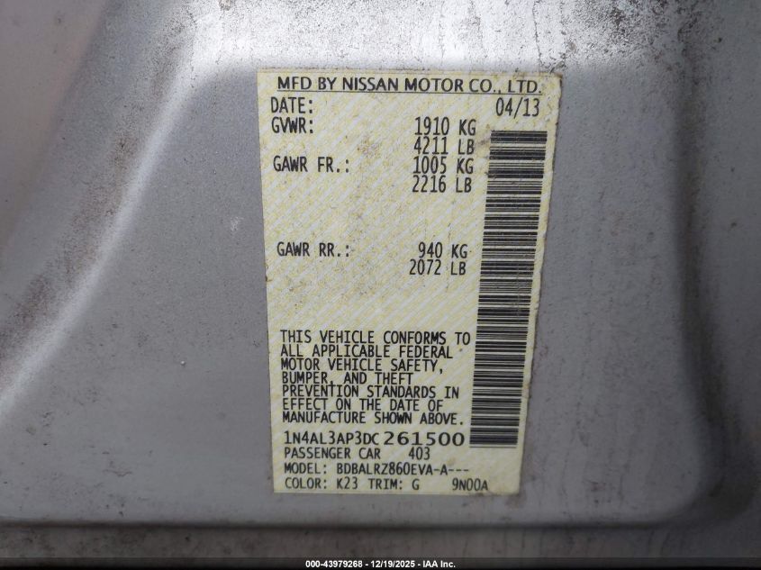 2013 Nissan Altima 2.5 S VIN: 1N4AL3AP3DC261500 Lot: 43979268