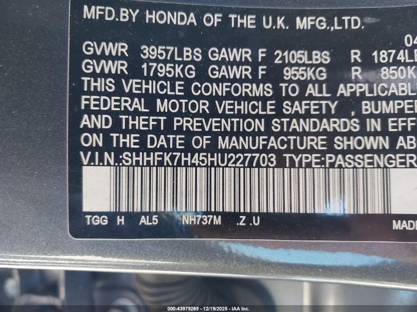 2017 Honda Civic Sport VIN: SHHFK7H45HU227703 Lot: 43979269