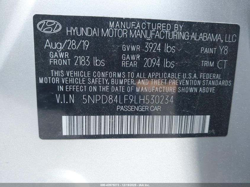 2020 Hyundai Elantra Sel VIN: 5NPD84LF9LH530234 Lot: 43979273