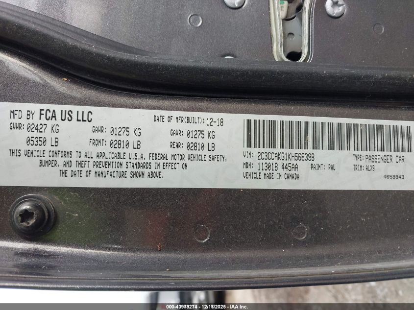 2019 Chrysler 300 Limited Awd VIN: 2C3CCAKG1KH566398 Lot: 43979274