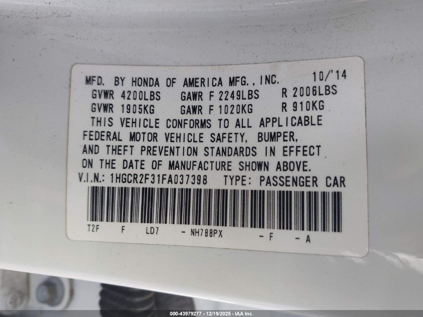 2015 Honda Accord Lx VIN: 1HGCR2F31FA037398 Lot: 43979277