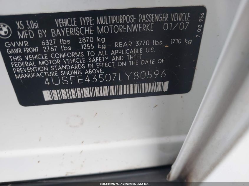 2007 BMW X5 3.0Si VIN: 4USFE43507LY80596 Lot: 43979275
