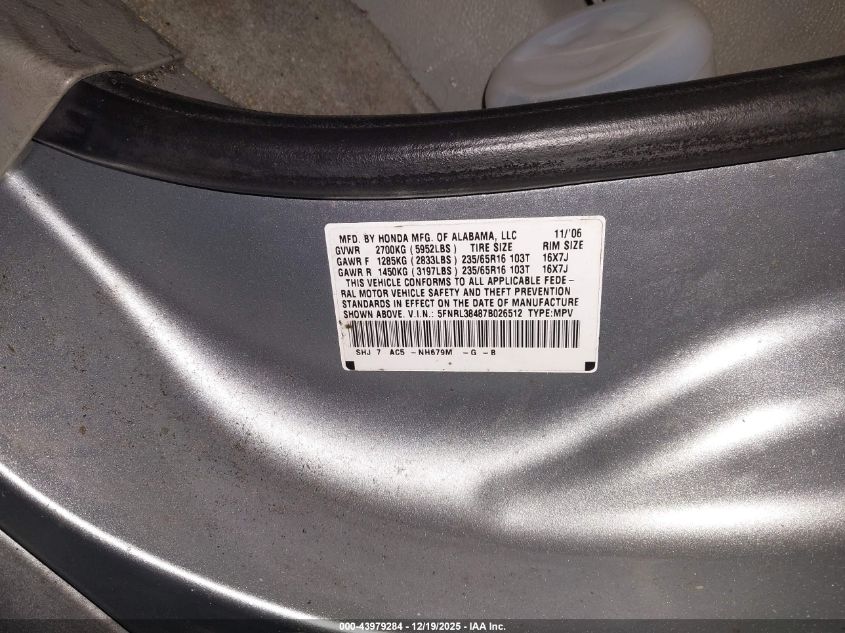 2007 Honda Odyssey Ex VIN: 5FNRL38487B026512 Lot: 43979284