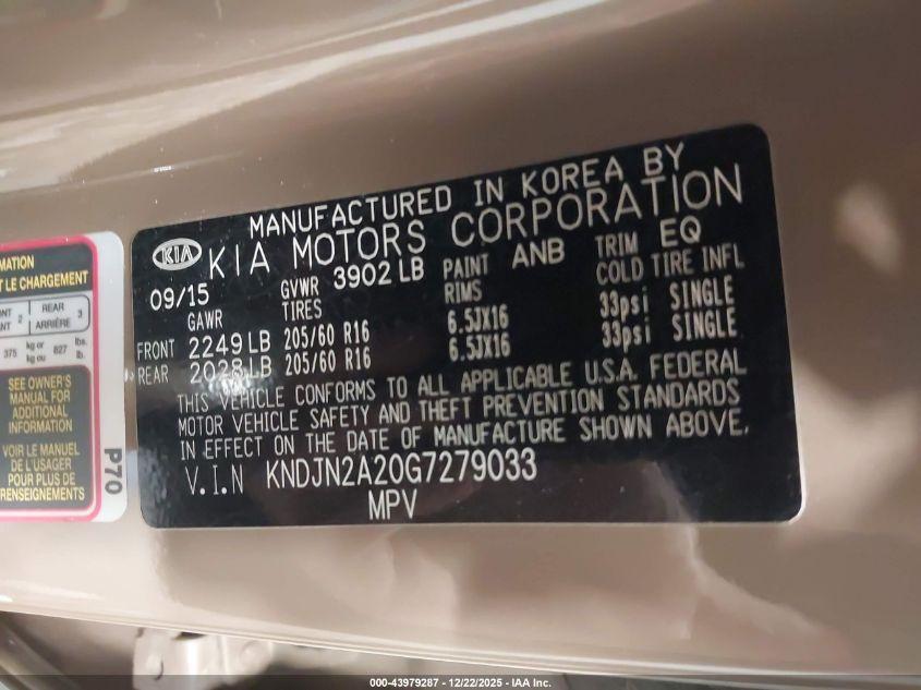 2016 Kia Soul VIN: KNDJN2A20G7279033 Lot: 43979287