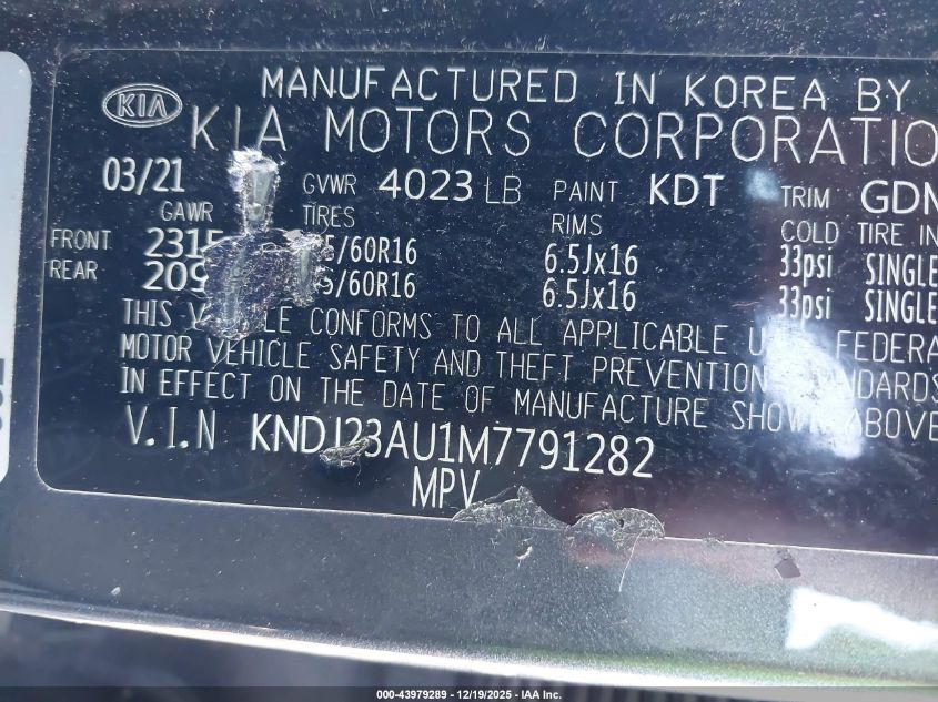 2021 Kia Soul Lx VIN: KNDJ23AU1M7791282 Lot: 43979289