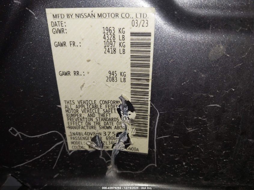 2023 Nissan Altima Sv Fwd VIN: 1N4BL4DV8PN375313 Lot: 43979294