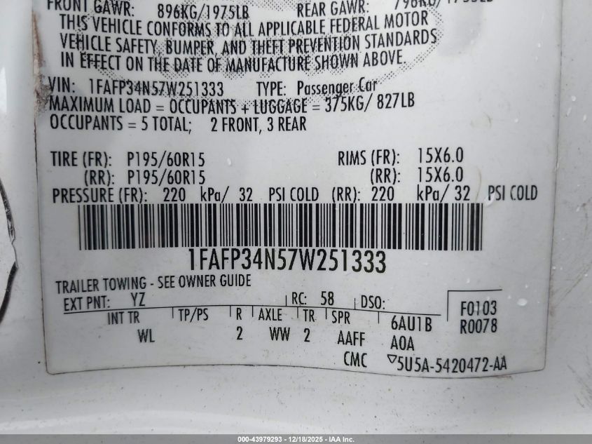 2007 Ford Focus S/Se/Ses VIN: 1FAFP34N57W251333 Lot: 43979293