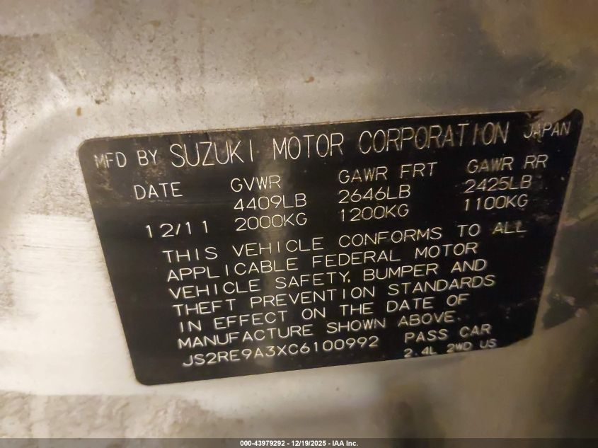 2012 Suzuki Kizashi Se VIN: JS2RE9A3XC6100992 Lot: 43979292