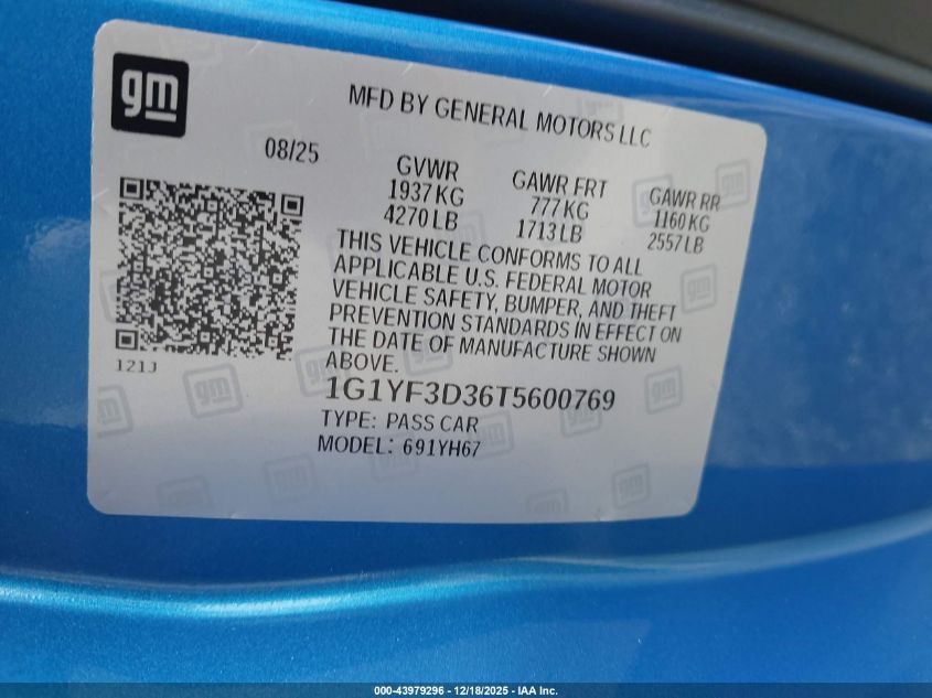2026 Chevrolet Corvette Z06 , 3Lz, Rwd VIN: 1G1YF3D36T5600769 Lot: 43979296
