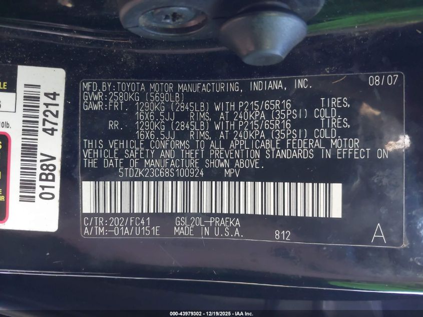 2008 Toyota Sienna Le VIN: 5TDZK23C68S100924 Lot: 43979302