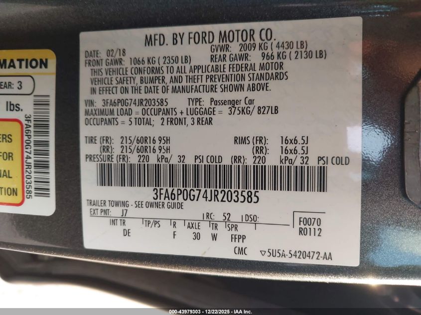 2018 Ford Fusion S VIN: 3FA6P0G74JR203585 Lot: 43979303